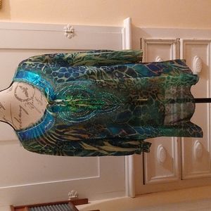 Sheer sequined green tones top Sz 2X
